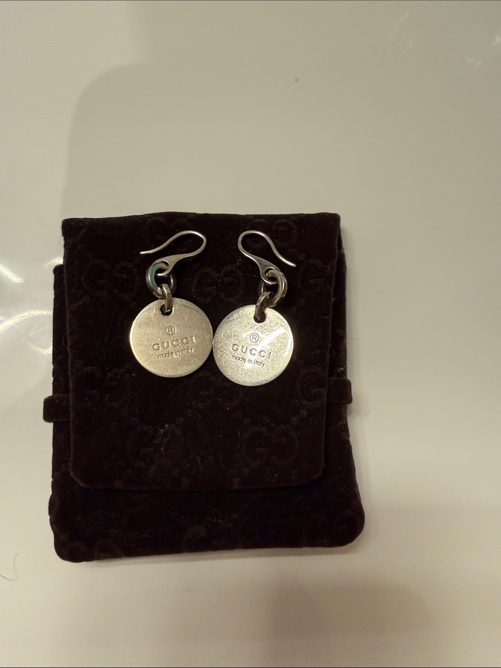 Gucci Silver Round Logo Dangle Earrings